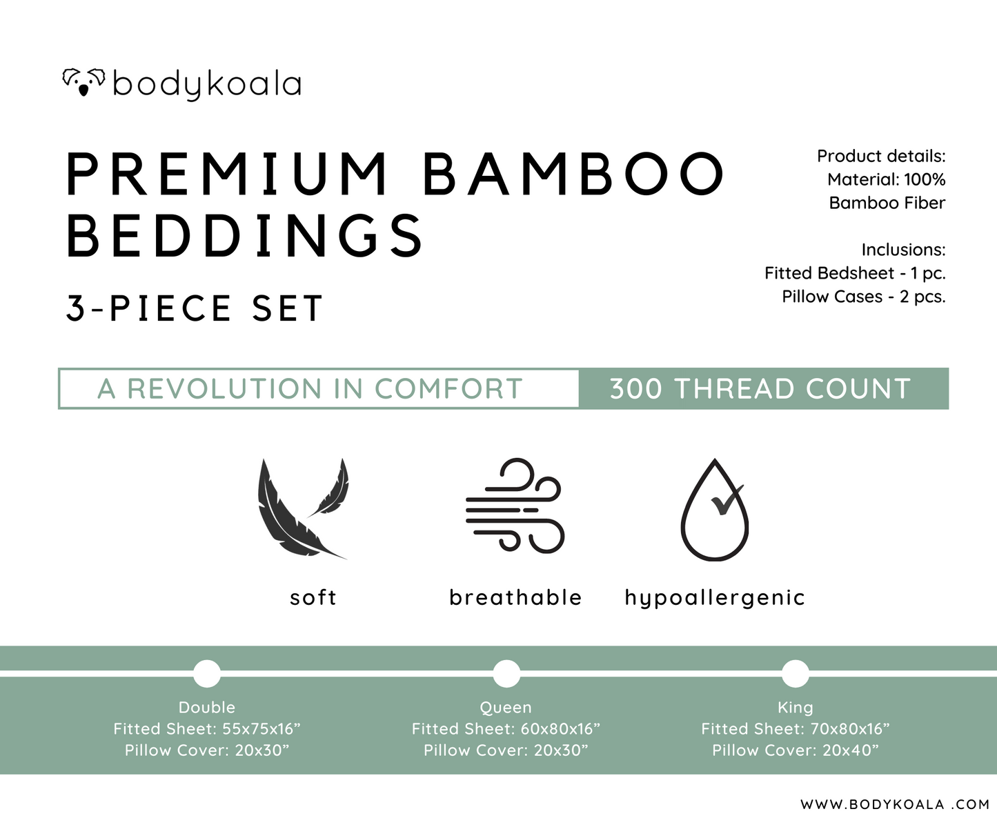 Premium Bamboo Beddings 3-Piece Set (Fitted Sheet and Pillow Covers)